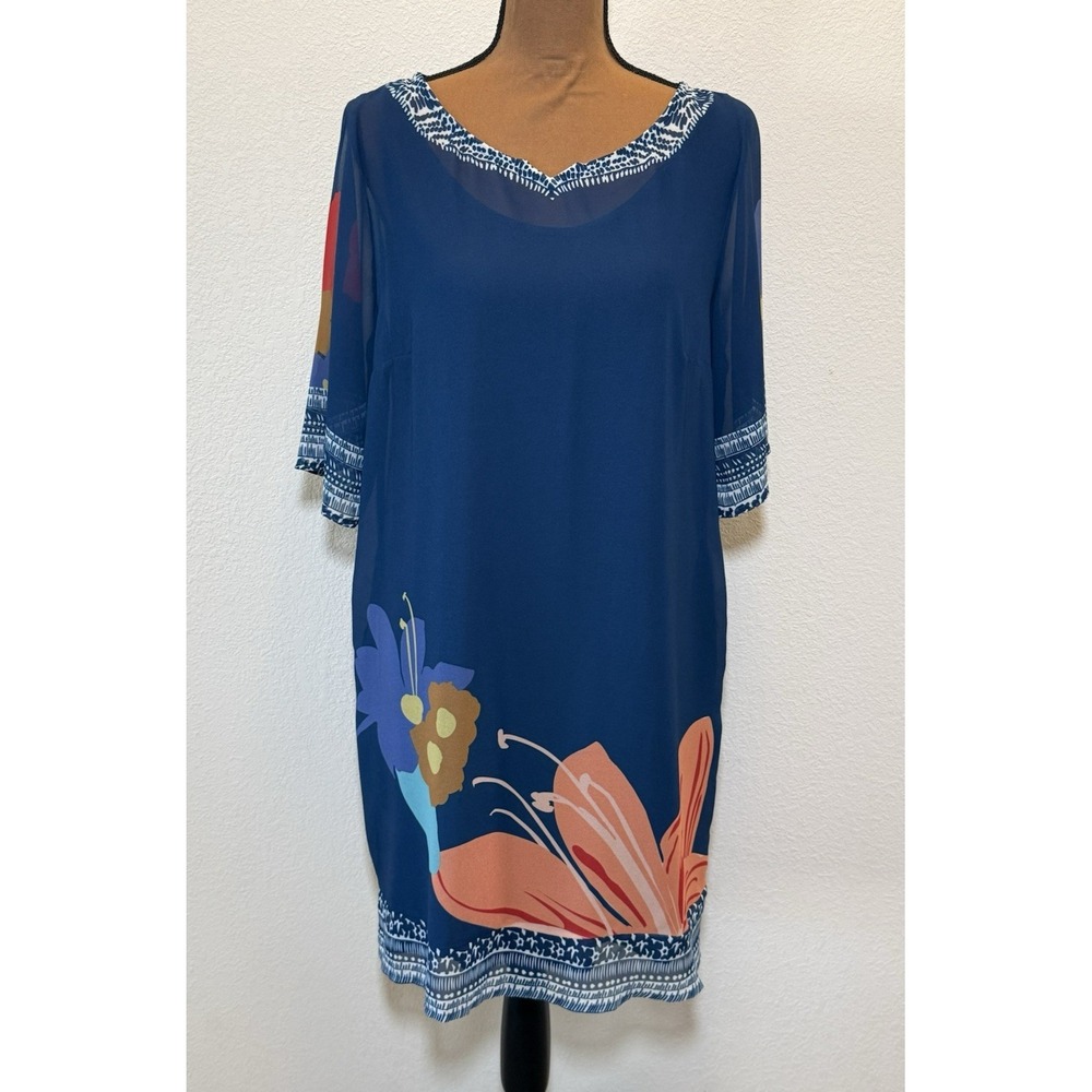 Soft Surroundings Dress Sz PM Blue Floral Overlay Sheer Lined Pockets Boho Beach